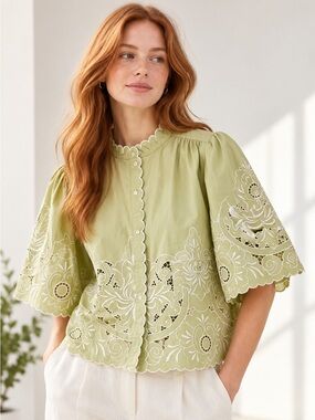 NWT AND/OR John Lewis Pistachio Green Cutwork Embroidered Scallop Top US 8